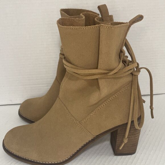 TOMS Ankle Boots Women's 7.5 Tan Suede Block Heel Wrap Lace Booties Casual Fall - Picture 5 of 13